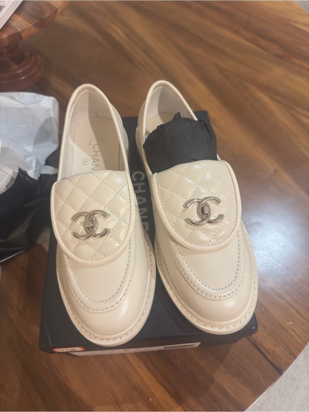 CHANEL Cream Quilted CC Logo Leather Loafers